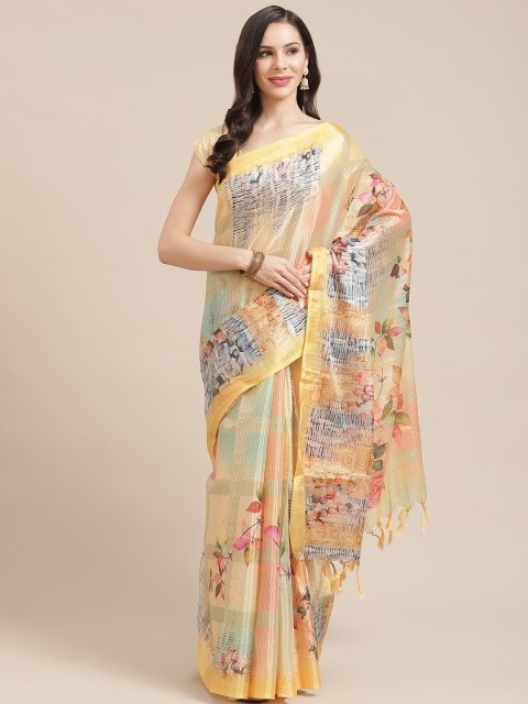

SHOPGARB Yellow & Pink Floral Print Banarasi Saree