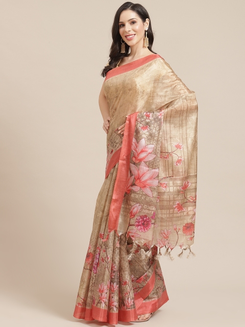 

SHOPGARB Beige & Coral Silk Cotton Printed Banarasi Saree