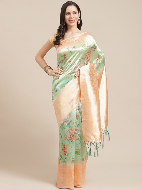

SHOPGARB Sea Green & Peach-Coloured Floral Printed Banarasi Saree