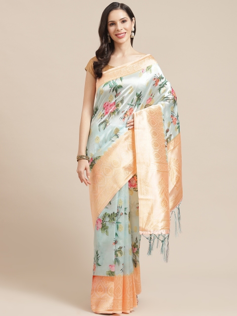 

SHOPGARB Sea Green & Peach-Coloured Floral Printed Banarasi Saree