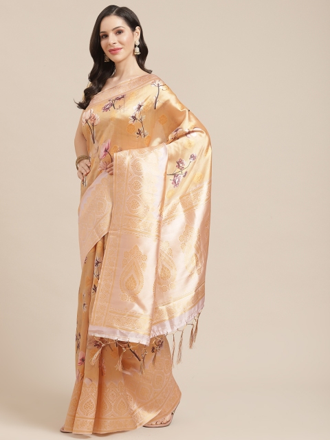 

SHOPGARB Golden & Taupe Floral Printed Banarasi Saree, Gold