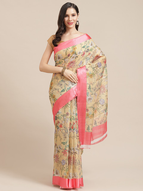 

SHOPGARB Cream-Coloured & Pink Floral Printed Banarasi Saree