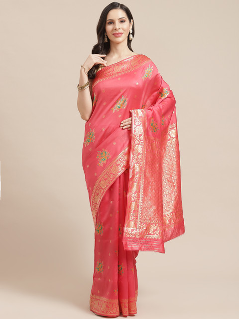 

SHOPGARB Coral Pink & Golden Woven Design Banarasi Saree