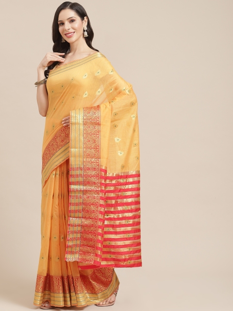 

SHOPGARB Mustard Yellow & Red Woven Design Banarasi Saree