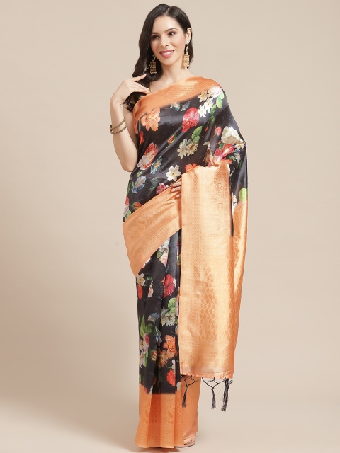 

SHOPGARB Black & Orange Silk Cotton Printed Banarasi Saree