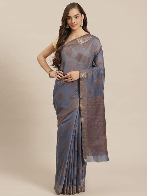 

SHOPGARB Charcoal Grey & Brown Woven Design Banarasi Saree