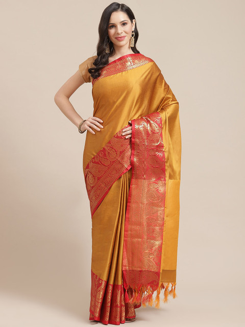 

SHOPGARB Mustard & Red Woven Design Banarasi Saree