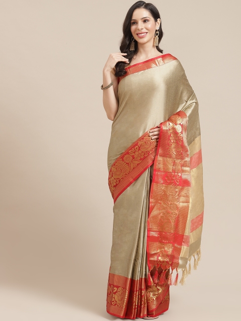 

SHOPGARB Golden & Red Silk Cotton Woven Design Banarasi Saree, Gold