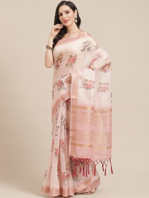 

SHOPGARB Peach-Coloured & Coral Silk Cotton Floral Print Banarasi Saree