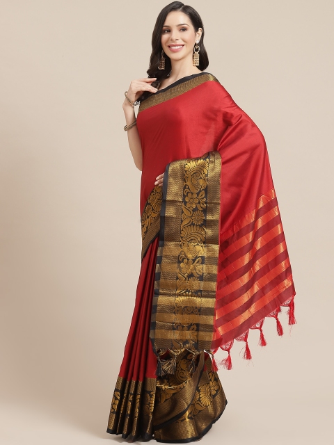 

SHOPGARB Maroon & Black Silk Cotton Solid Banarasi Saree