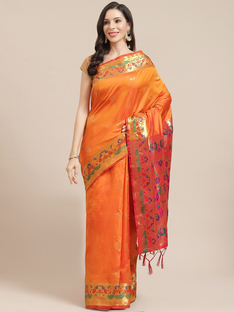 

SHOPGARB Orange & Golden Silk Cotton Woven Design Banarasi Saree