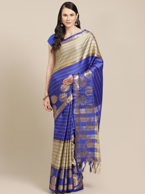 

SHOPGARB Navy Blue & Beige Striped Banarasi Saree
