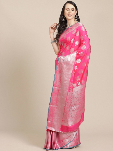 

SHOPGARB Pink & Silver Ethnic Motifs Woven Design Celebrity Banarasi Saree
