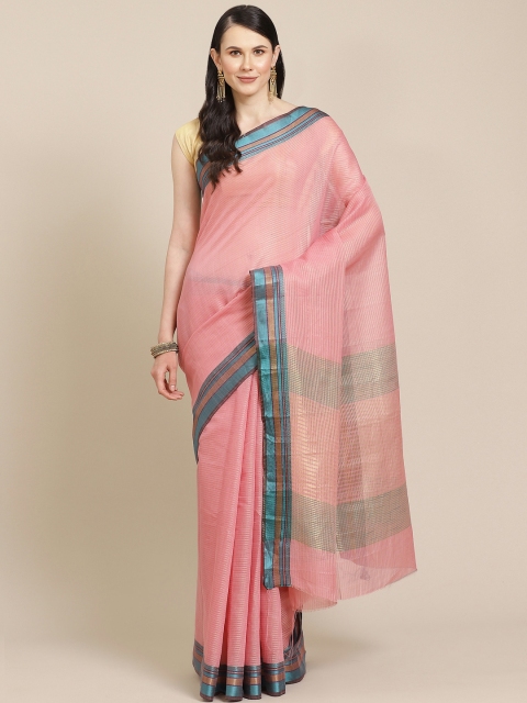 

SHOPGARB Pink & Green Silk Cotton Striped Banarasi Saree