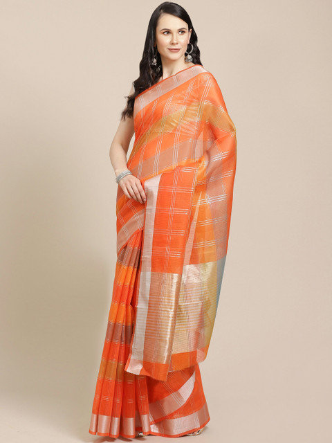 

SHOPGARB Orange & Silver Silk Cotton Checked Banarasi Saree
