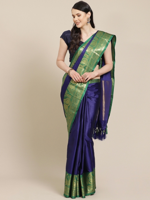 

SHOPGARB Navy Blue Solid Banarasi Saree