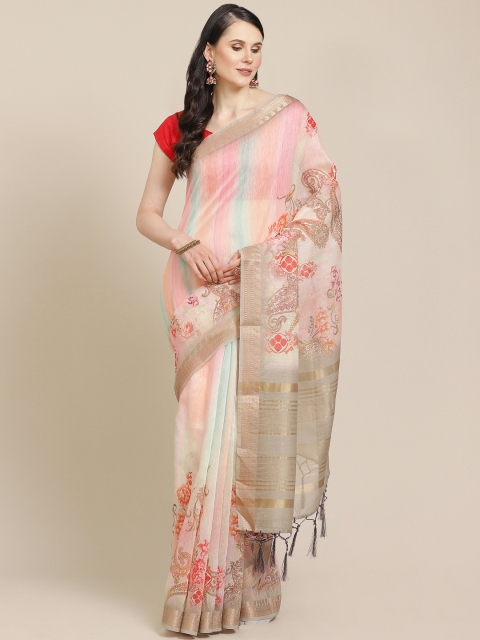 

SHOPGARB Pink & Green Striped & Paisley Print Saree