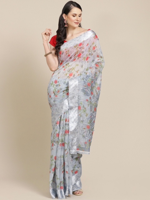 

SHOPGARB Grey & Coral Red Floral Print Saree