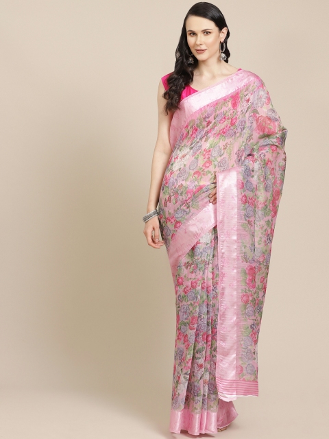 

SHOPGARB Pink & Grey Silk Cotton Floral Print Saree