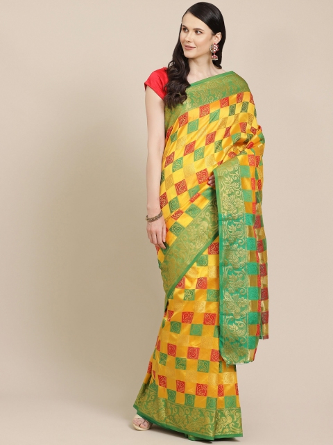 

SHOPGARB Yellow & Red Checked & Paisley Woven Design Banarasi Saree