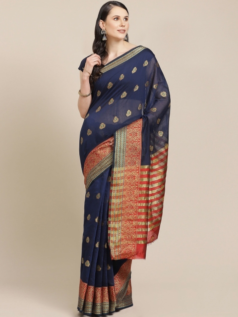 

SHOPGARB Navy Blue & Golden Silk Cotton Woven Design Banarasi Saree