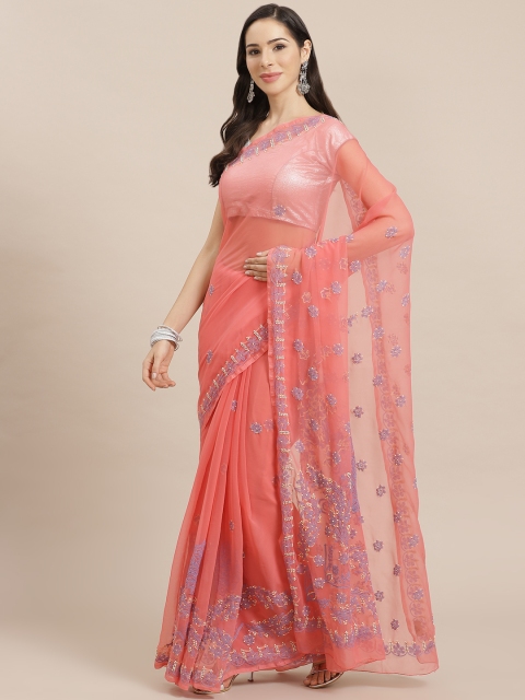 

ADA Women Peach-Coloured & Lavender Chikankari Embroidered Saree