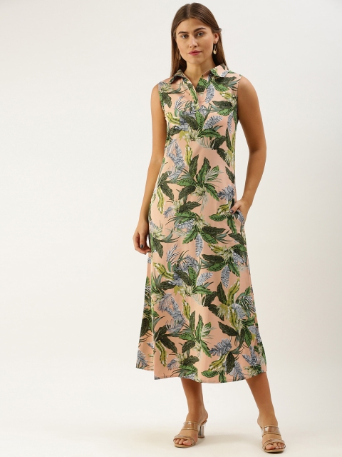 

DODO & MOA Alluring Beige and Green Floral Print Midi Dress