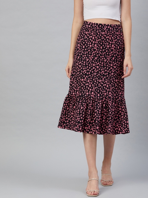 

Marks & Spencer Black & Pink Printed Knitted A-line Midi Skirt