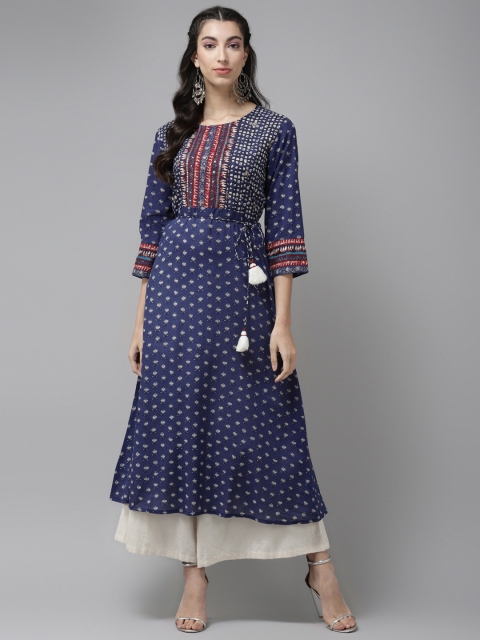 

Cayman Women Navy Blue & Off White Ethnic Motifs Printed Sequins A-Line Kurta