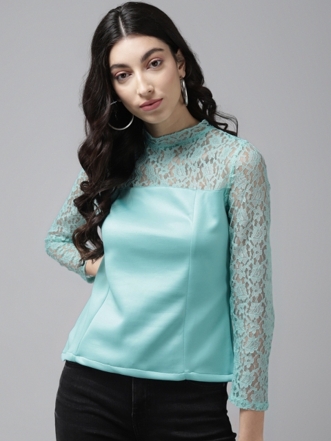 

Cayman Turquoise Blue Self Design Lace Regular Top