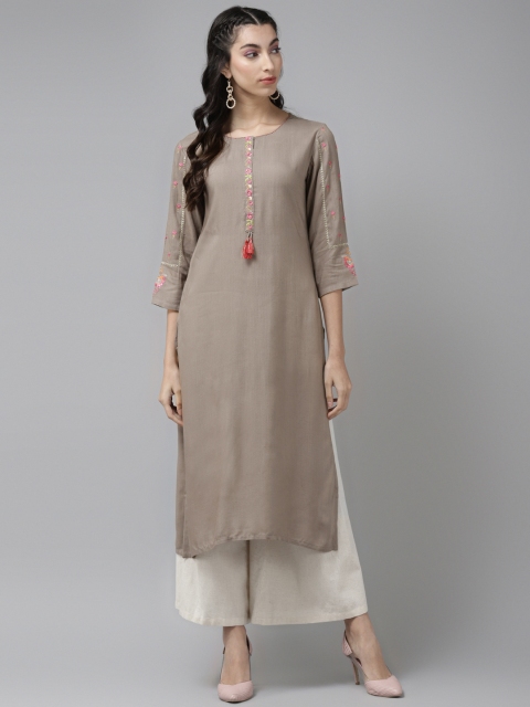 

Cayman Women Taupe Thread Work Yoke Design Straight Kurta