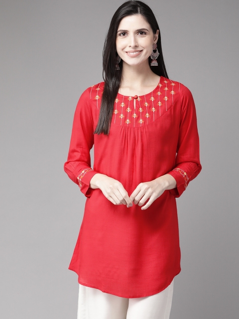 

Cayman Women Red & Golden Pure Cotton Yoke Design Thread Work A-Line Kurti