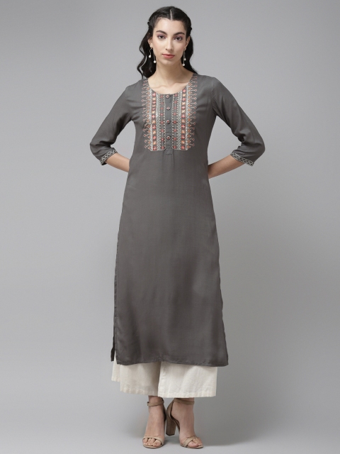 

Cayman Women Grey Geometric Yoke Design Thread Work Straight Kurta