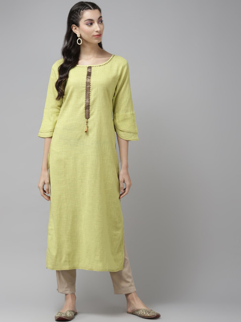 

Cayman Women Lime Green Flared Sleeves Yoke Design Thread Work Straight Kurta