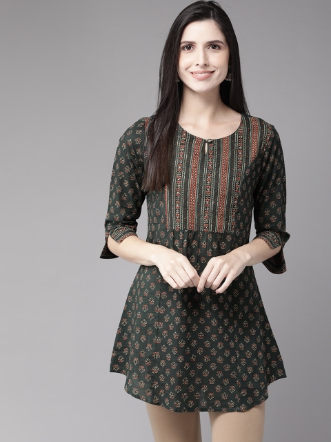 

Cayman Women Green & Maroon Ethnic Printed Pure Cotton Panelled A-Line Kurti