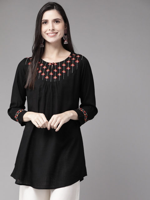 

Cayman Women Black & Red Pure Cotton Yoke Design Thread Work A-Line Kurti