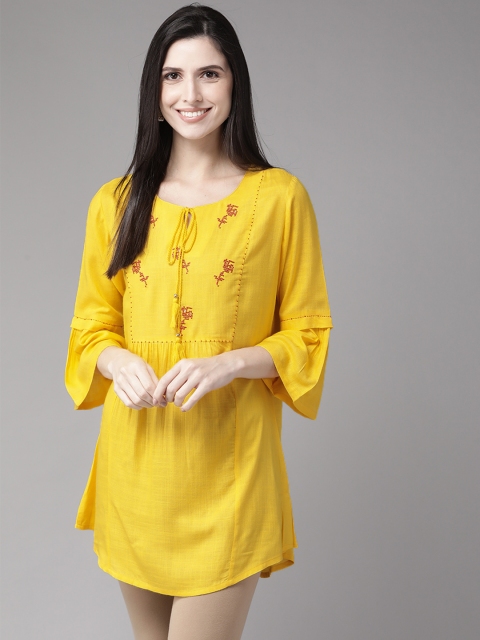 

Cayman Women Yellow & Red Pure Cotton Yoke Design Thread Work Panelled A-Line Kurti