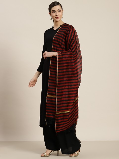 

Juniper Women Red & Black Striped Chanderi Woven Dupatta