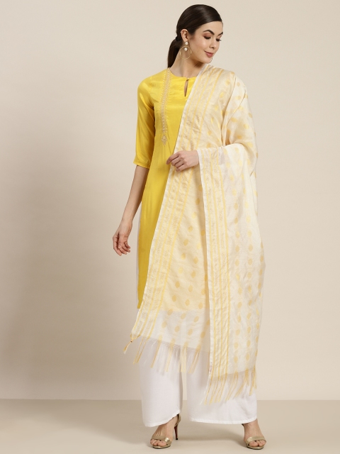 

Juniper Women Off-White & Yellow Striped Chanderi Woven Dupatta