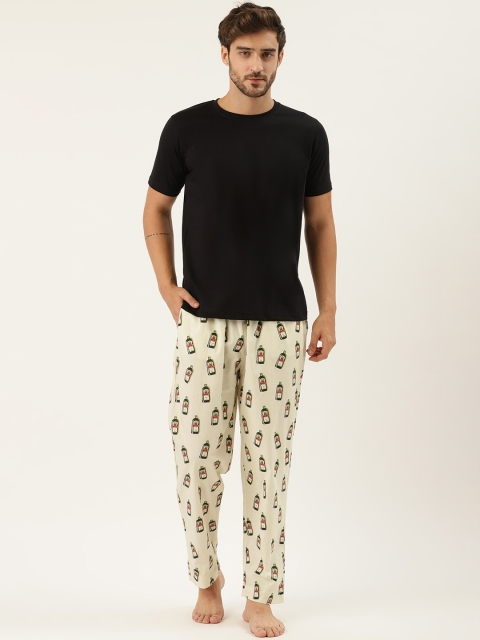 

Rapra The Label Men Black & Cream-Colored Pure Cotton Printed Night suit