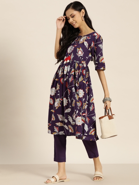 

Sangria Women Purple & White Ethnic Motifs Printed Pure Cotton Kurta with Trousers