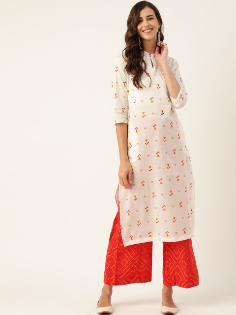 

Sangria Women White & Red Ethnic Motifs Printed Pure Cotton Kurta with Palazzos