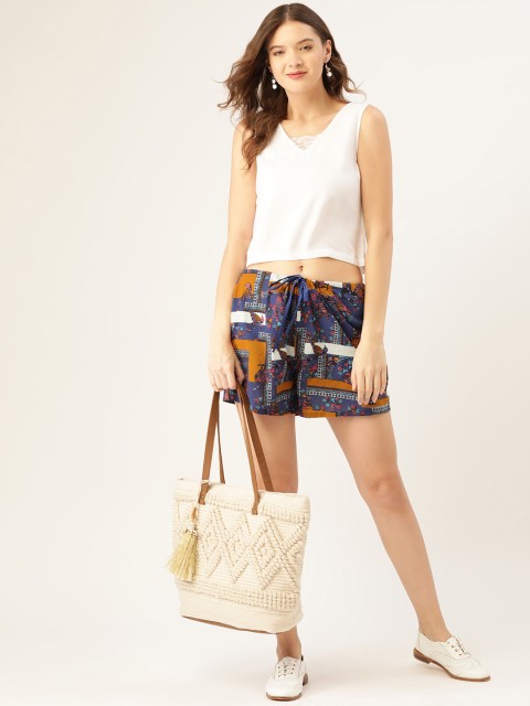 

Sangria Women Navy Blue & Orange Conversational Print Cotton Shorts