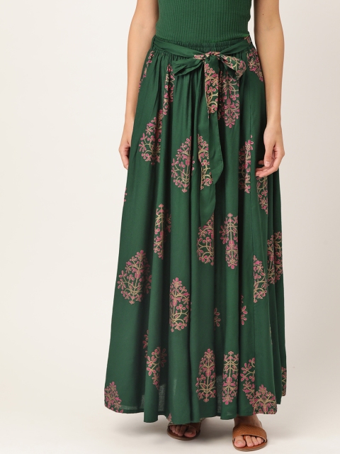 

Sangria Women Green & Pink Printed Maxi Flared Skirt