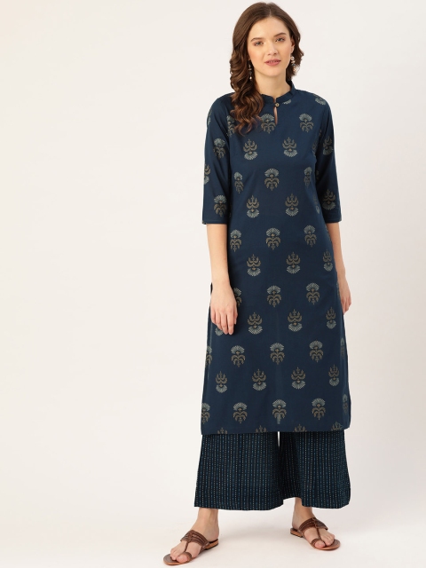 

Sangria Women Navy Blue & Golden Ethnic Motifs Printed Pure Cotton Kurta with Palazzos