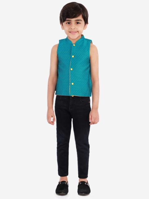 

Lil Peacock Boys Teal Green Woven Design Nehru Jacket