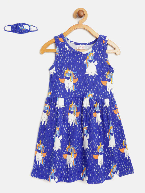 

pspeaches Girls Blue & White Cotton Unicorn Print A-Line Dress with Mask