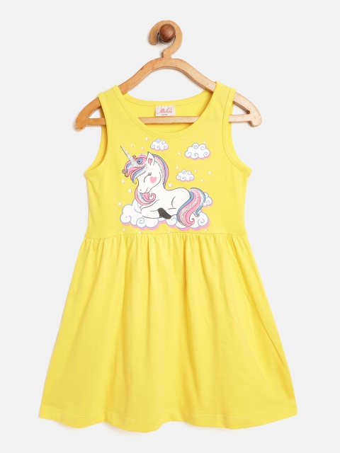 

pspeaches Girls Yellow & White Cotton Unicorn Print A-Line Dress