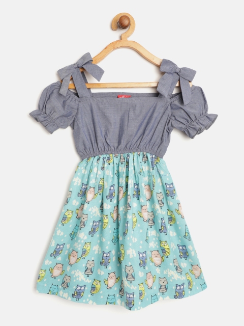 

pspeaches Girls Grey & Blue Owl Print A-Line Dress with Gathers