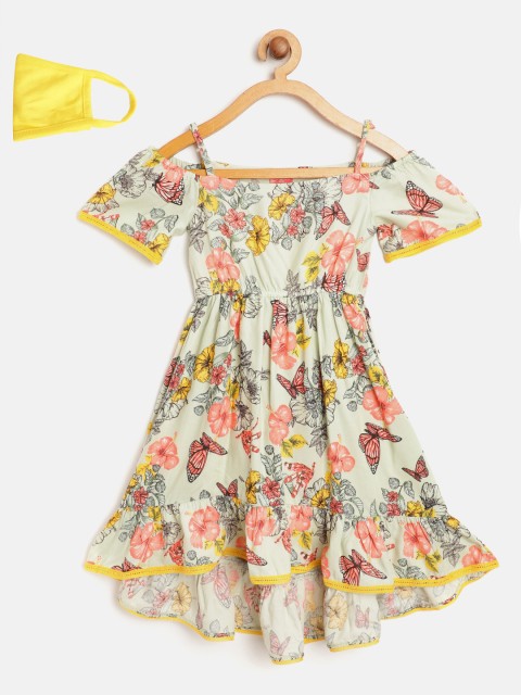 

pspeaches Girls Green & Pink Floral Print High-Low A-Line Dress with Mask